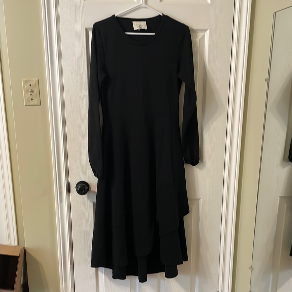 Black Long Sleeve A-Line Knit Jersey Dress with asymmetrical hem in front